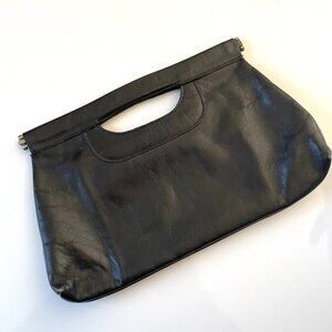 Vintage Black Genuine Leather Double Hinged Clutch with Cut Out Handle
